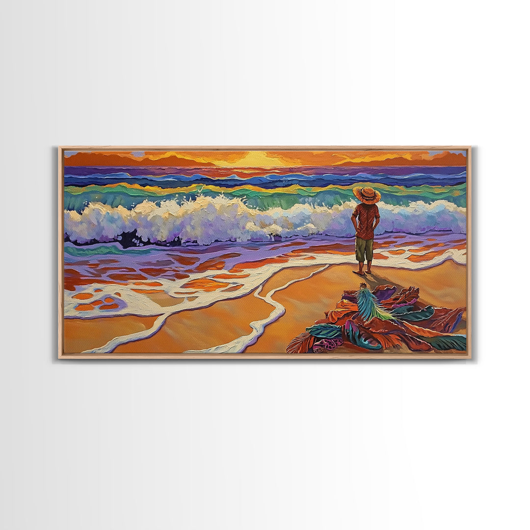 Sunset Ocean, Solitude, Framed Canvas Print, Peaceful Beach Sunset Art, Serene Mindfulness Coastal Decor, Zen Living Room Artwork
