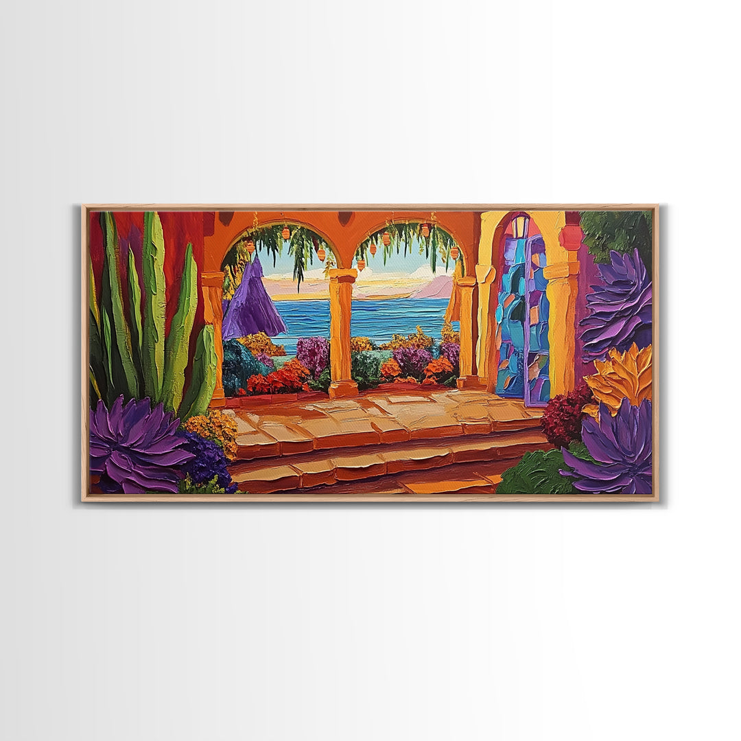 Patio Ocean, Paradise, View, Canvas Print tropical patio view art, living room coastal decor, sunset painting, Mediterranean vibes