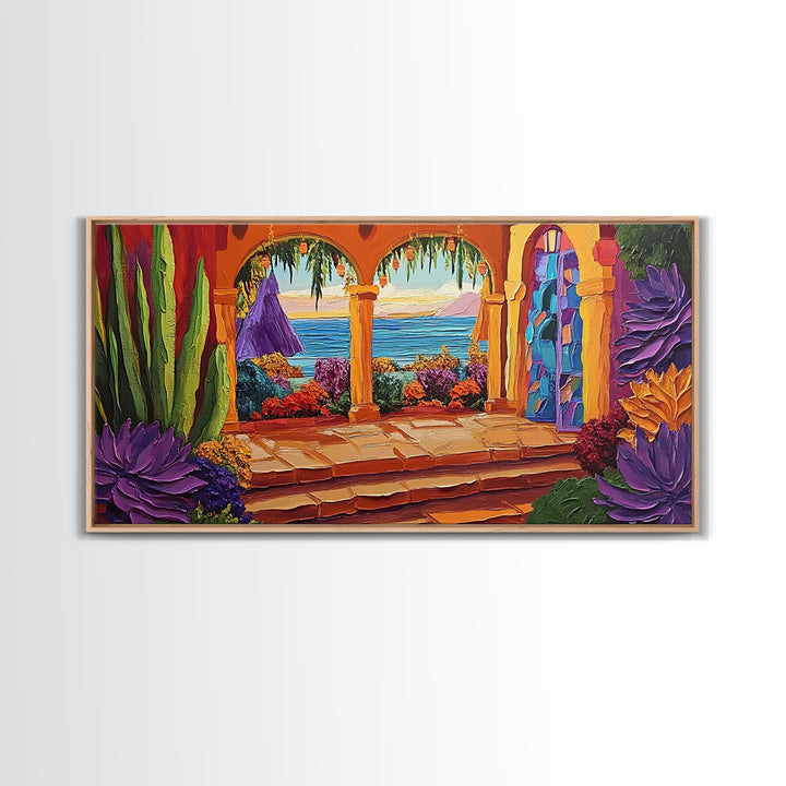 Patio Ocean, Paradise, View, Canvas Print tropical patio view art, living room coastal decor, sunset painting, Mediterranean vibes