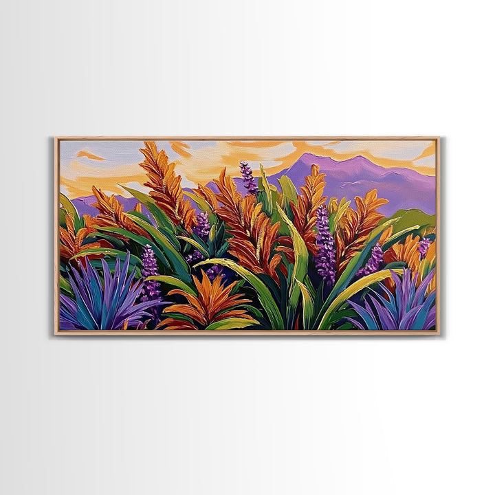 Botanical Sunset, Mountain, Framed Canvas Print, Vibrant Flower Field Painting, Nature Boho Wall Art, Sunset Hallway Decor