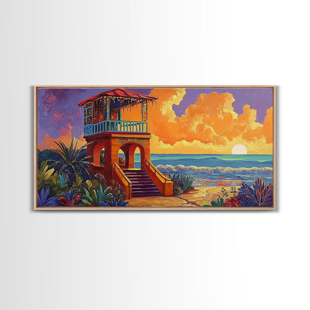 Beach Sunset, Tower, Tropical, Canvas Print, Coastal sunset art, boho beach house decor, vibrant tropical wall art, living room art