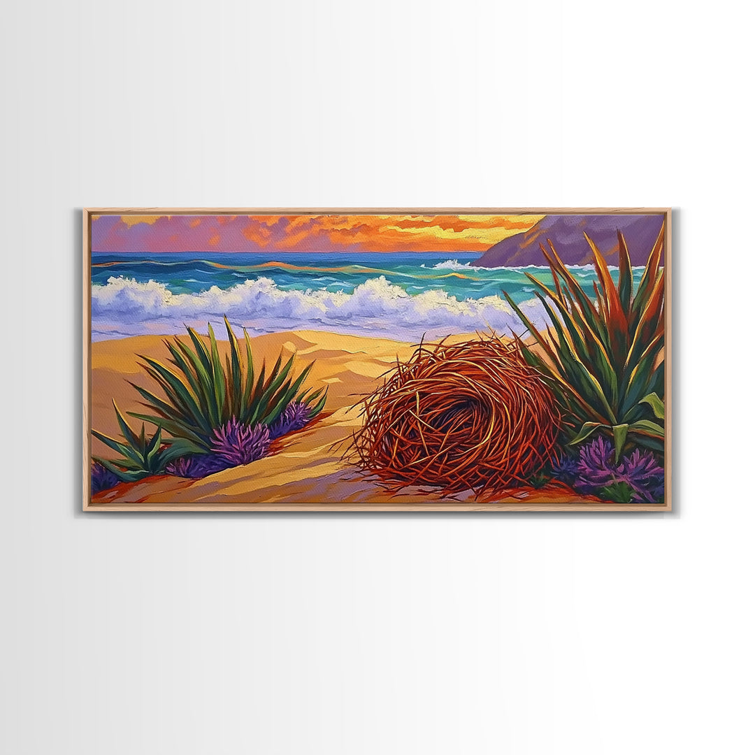 Nest Ocean, Beach, Nature, Framed Canvas Print, Desert beach art, boho coastal nature scene, calming fall tones, living room wall decor