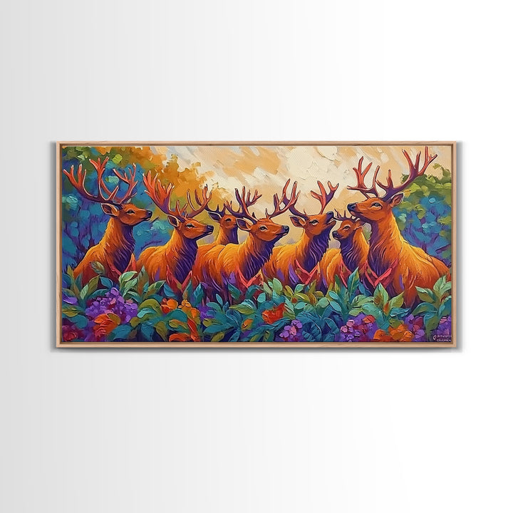 Deer Autumn, Forest, Scene, Framed Canvas Print wildlife cabin wall decor, vibrant Fall nature art, lodge living room print