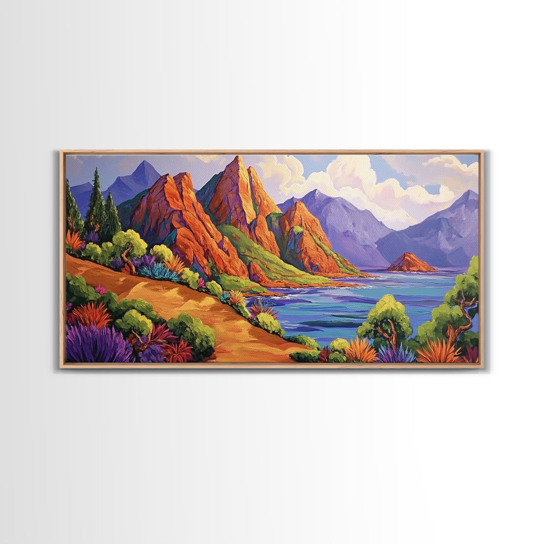 Coastal Cliffs, Tropical Shoreline, Sunset Mountains, Canvas Print, Boho Nature Wall Art, Office Decor, Landscape Painting