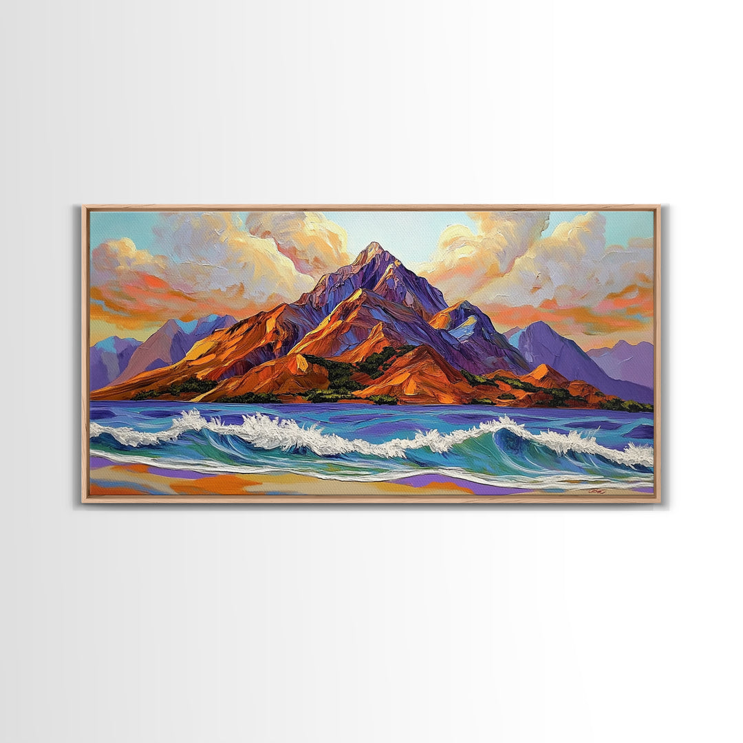 Ocean Peak, Island Sunrise, Vibrant Mountain, Framed Canvas Print, Bold Coastal Art, Beach House Wall Decor, Sunset Vibes