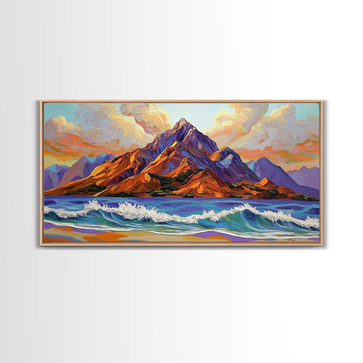 Ocean Peak, Island Sunrise, Vibrant Mountain, Framed Canvas Print, Bold Coastal Art, Beach House Wall Decor, Sunset Vibes