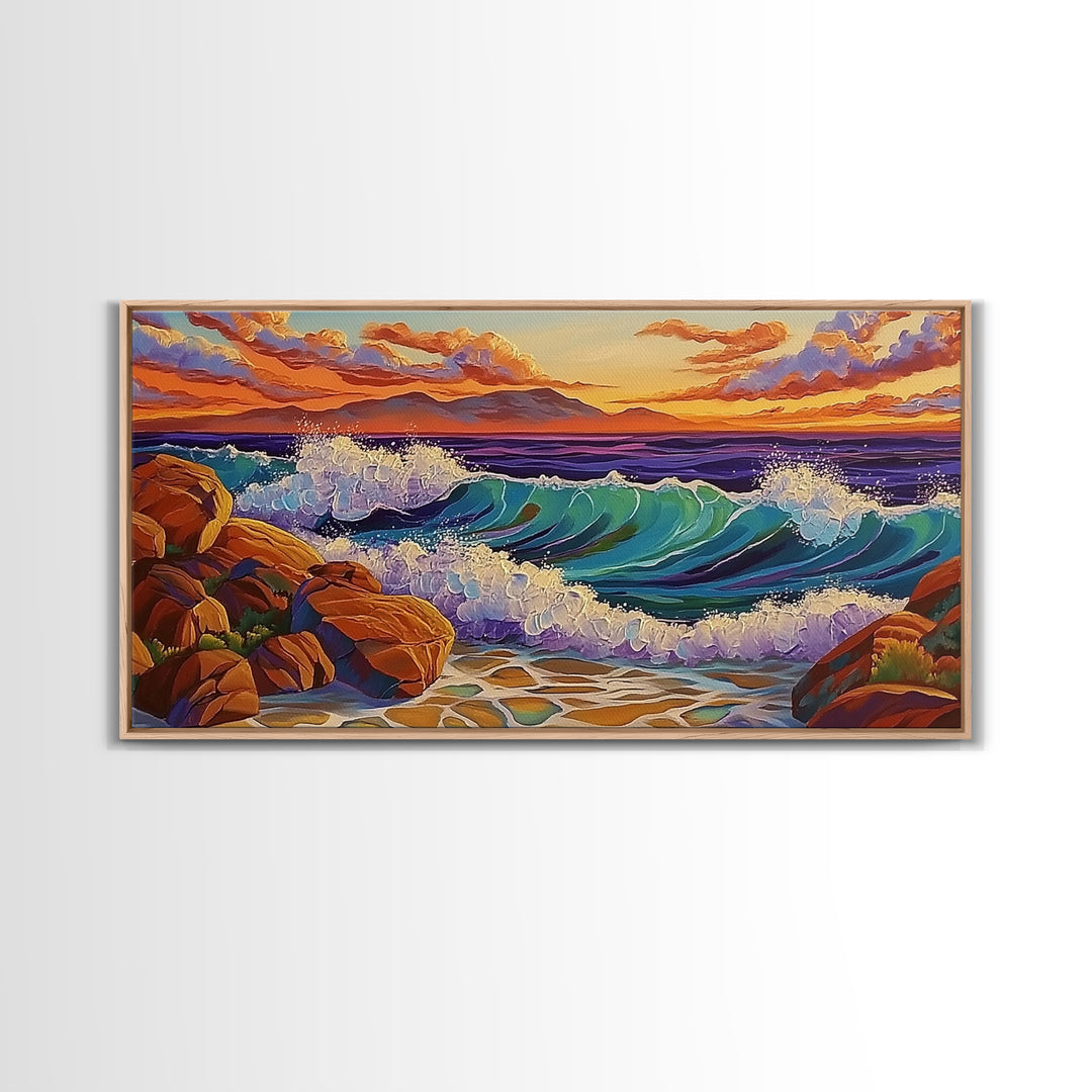 Coastal Splash, Sunset Rocks, Ocean Wave, Framed Canvas Print, Bold Nature Wall Art, Living Room Decor, Vibrant Seaside Artwork