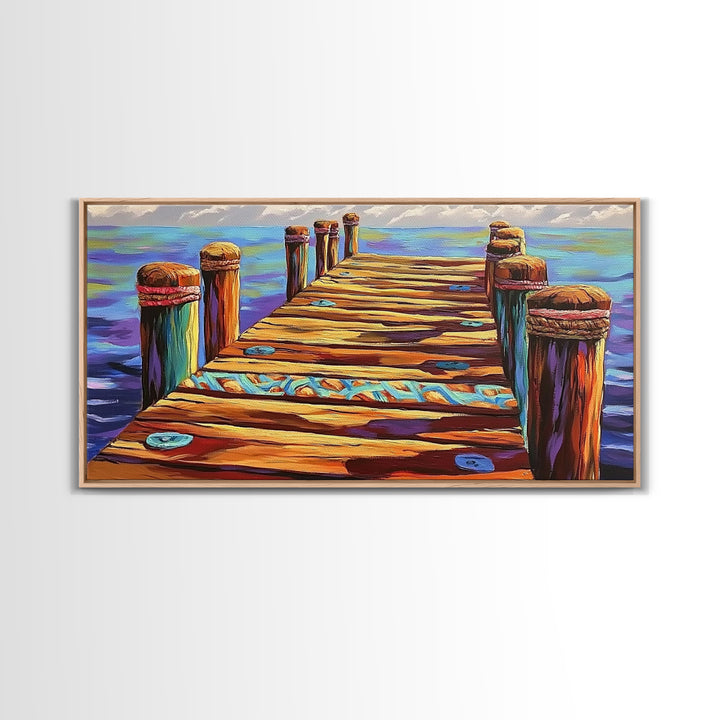 Dock View, Ocean, Coastal Path, Framed Canvas Print, Vibrant pier artwork ideal Beach House Wall Art or Nautical Entryway Decor