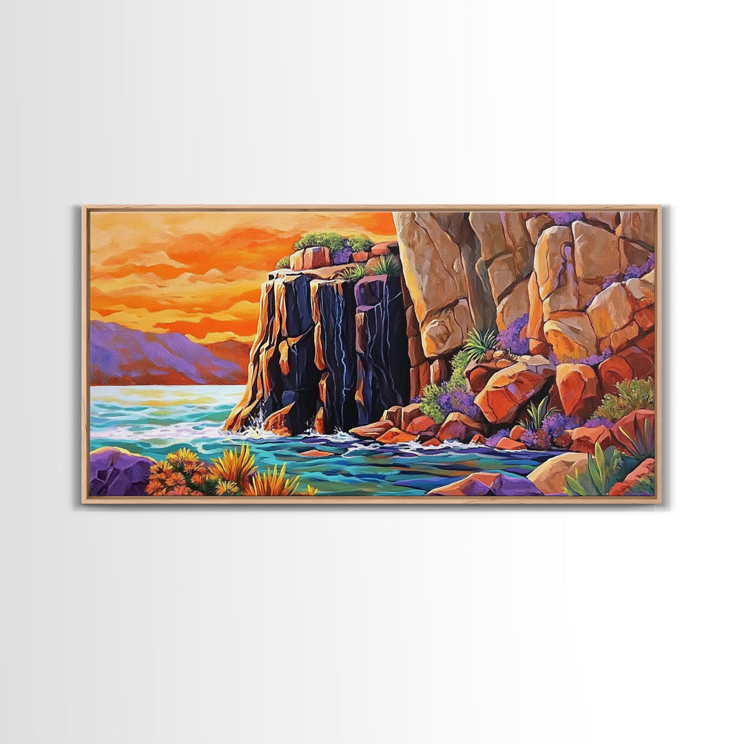 Desert Sunset, Cliffs, Nature, Framed Canvas Print, rocky cliffs and sea, Boho Living Room Wall Art, colorful sunset art, coastal vibes