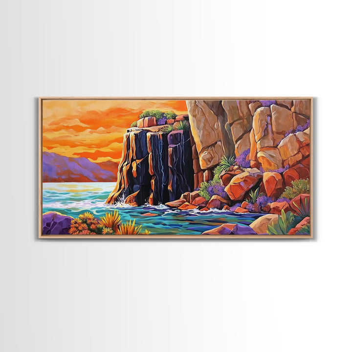 Desert Sunset, Cliffs, Nature, Framed Canvas Print, rocky cliffs and sea, Boho Living Room Wall Art, colorful sunset art, coastal vibes