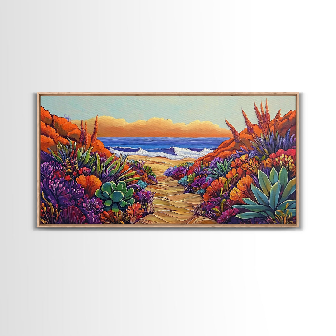 Beach Trail, Succulents, Ocean Path, Framed Canvas Print, Vibrant desert-to-ocean painting perfect Kitchen Wall Art or Boho Coastal Decor