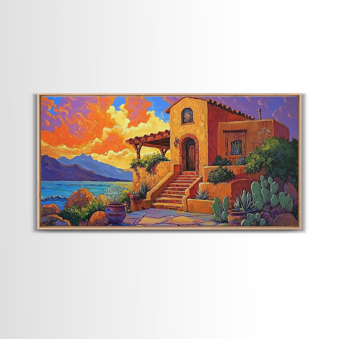 Desert Adobe, Sunset, Southwest, Framed Canvas Print, southwestern home art, rustic decor, living room wall art, fall adobe style