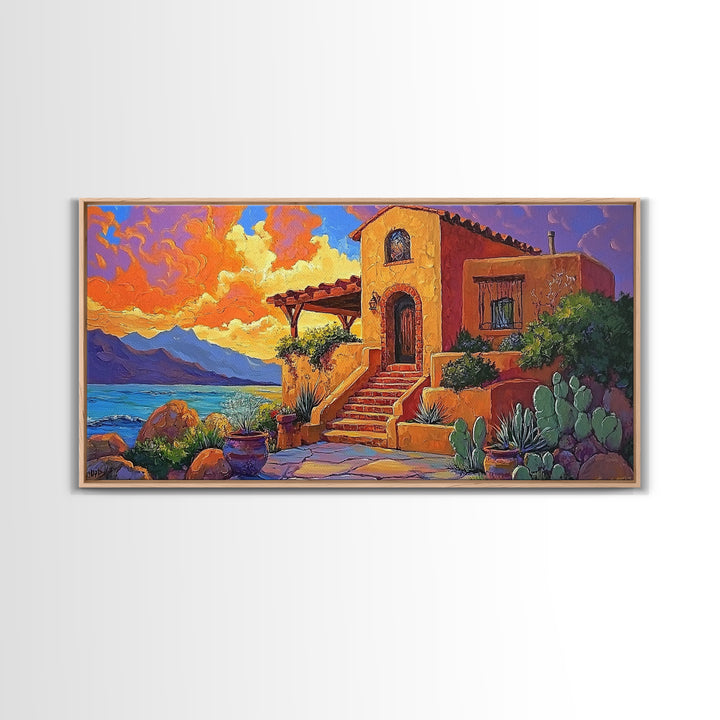 Desert Adobe, Sunset, Southwest, Framed Canvas Print, southwestern home art, rustic decor, living room wall art, fall adobe style