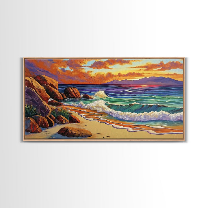 Coastal Sunset, Waves, Shore, Framed Canvas Print, ocean beach decor, seascape living room wall art, tropical boho coastal style