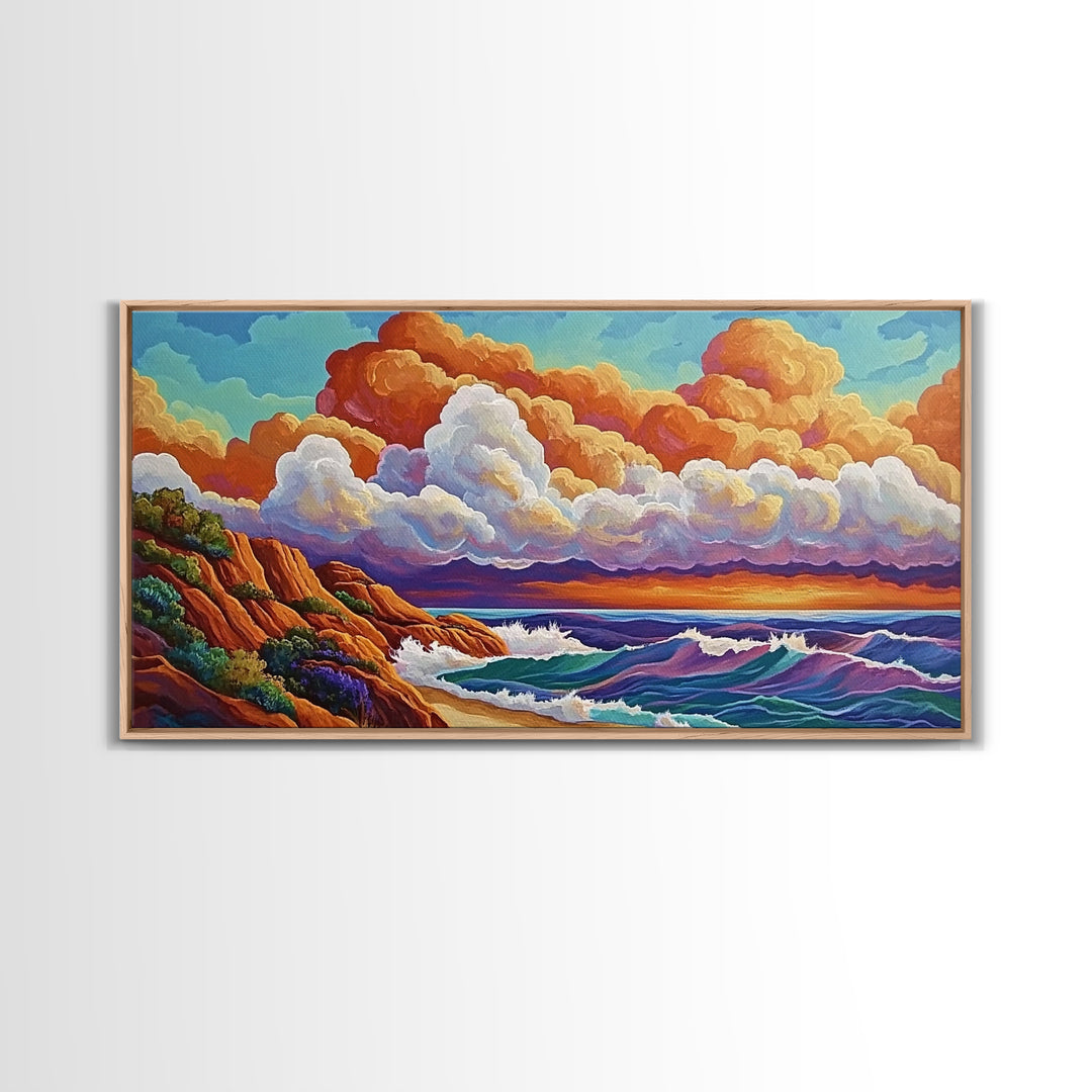 Clouds Ocean, Sunset, Dreamy, Framed Canvas Print, whimsical seascape, vibrant wave art, living room decor, beach wall art