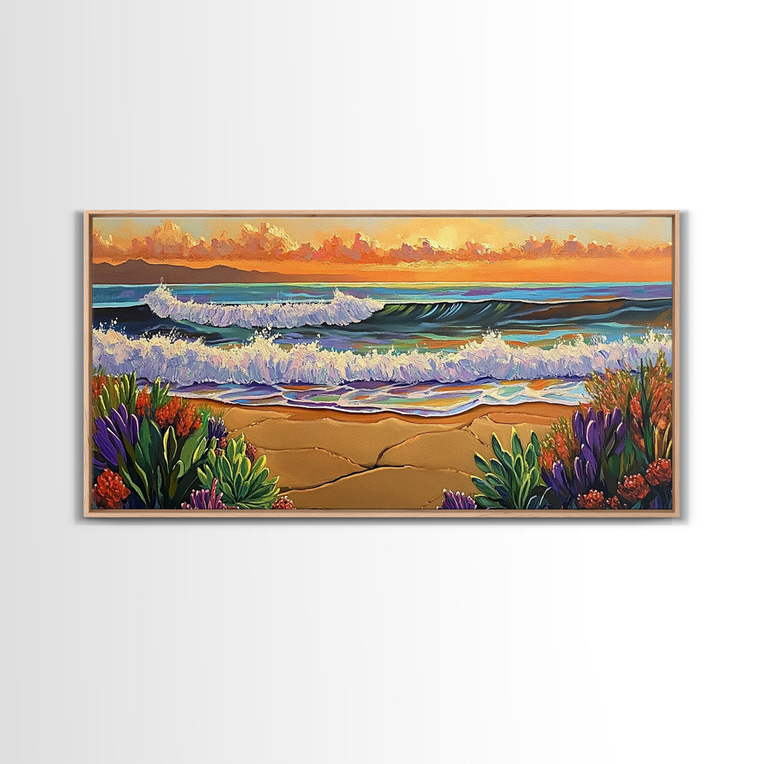 Ocean Sunset, Waves, Coastal, Canvas Print, ocean waves at sunset, Coastal Wall Art, vibrant seascape decor, beach house art