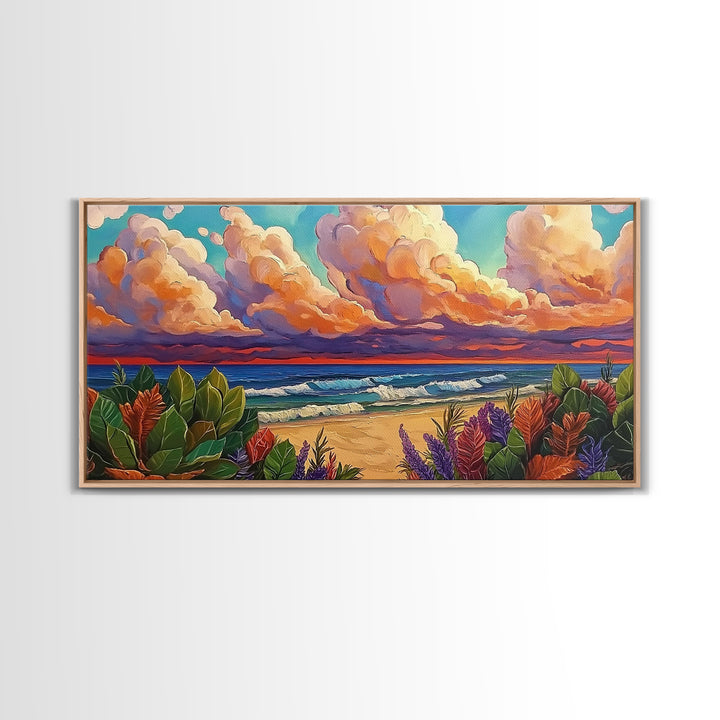 Tropical Beach, Clouds, Canvas Print, Colorful coastal beach artwork with dramatic clouds and waves, Bathroom Wall Art, coastal style