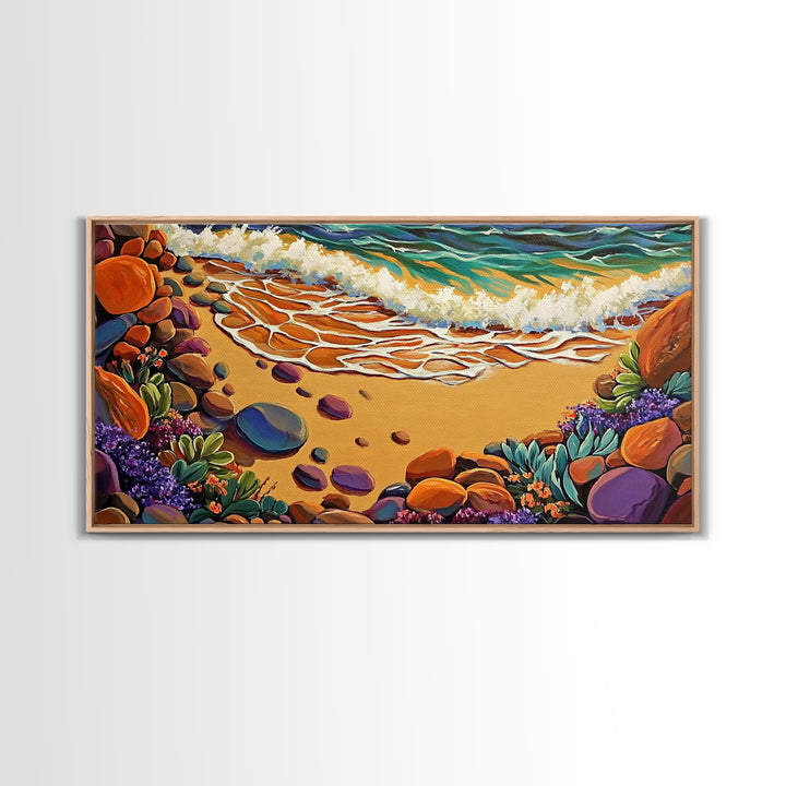Coastal Shoreline, Footprints, Framed Canvas Print, Coastal beach waves and footprints art with colorful rocks, Bathroom Wall Art