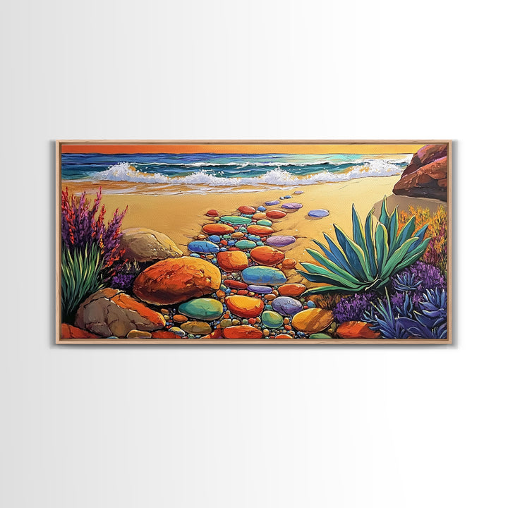 Beach Path, Ocean, Sunset, Canvas Print, Colorful beach path with stones and ocean waves, vibrant coastal Living Room Wall Art