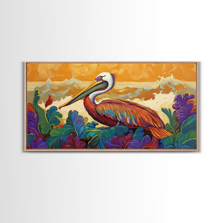 Pelican, Waves Tropical, Canvas Print, Bright tropical pelican artwork with ocean waves and foliage, great Bathroom Wall Art