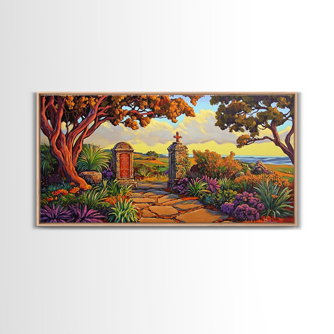 Cross Memorial, Sunset, Framed Canvas Print, Peaceful Autumn scene with cross and mountain view, ideal Fall Living Room Wall Art