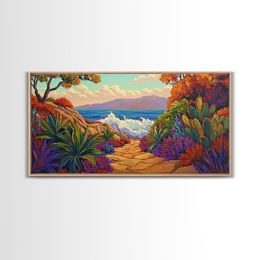 Ocean Path, Sunset, Nature, Canvas Print vibrant coastal wall art, autumn cactus decor, tropical landscape painting, entryway art