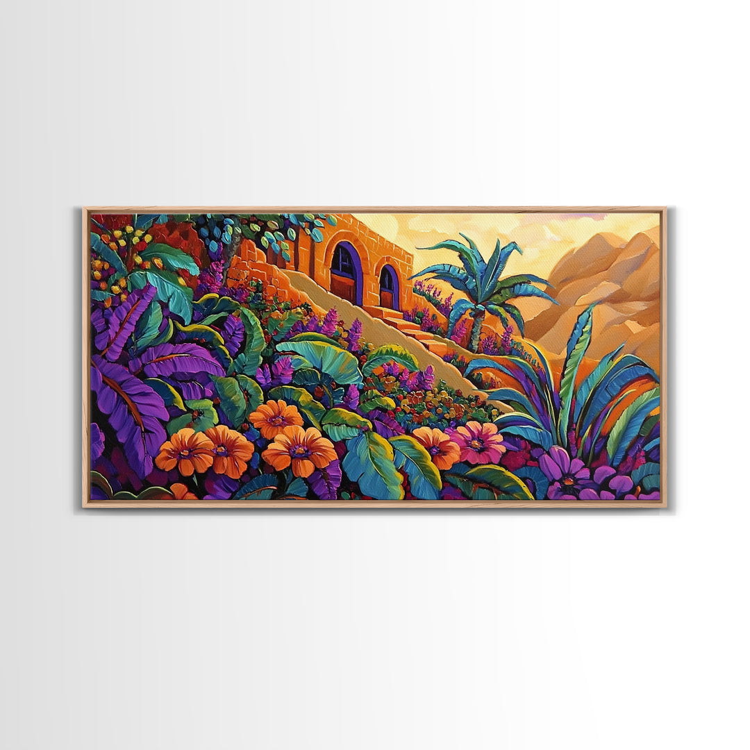 Jungle, Flowers, Adobe, Hillside, Framed Canvas Print tropical wall art, vibrant living room decor, boho jungle scene painting
