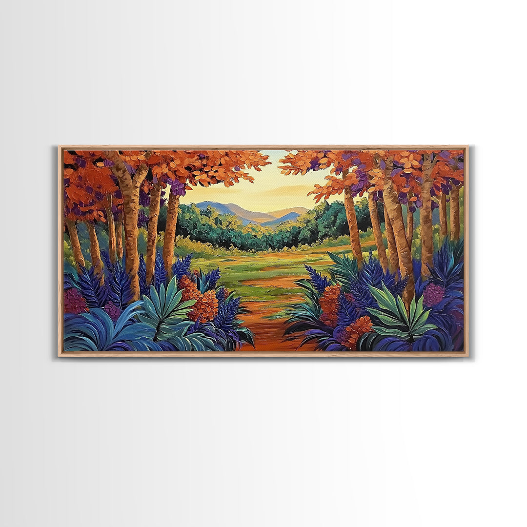 Forest Fall, Colorful, Leaves, Framed Canvas Print bold woodland foliage design, vibrant autumn landscape art, hallway wall accent