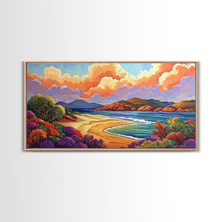 Beach Clouds, Coastal, Pastel, Framed Canvas Print soft tropical seascape painting, ocean view boho art, serene living room print