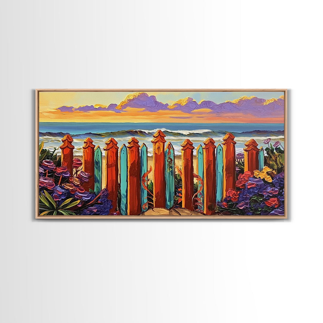 Ocean Fence, Flowers, Canvas Print, Coastal Wall Art, Beach House Decor, Nautical Art, Seaside Painting, Sunset Art, Vibrant Living Room