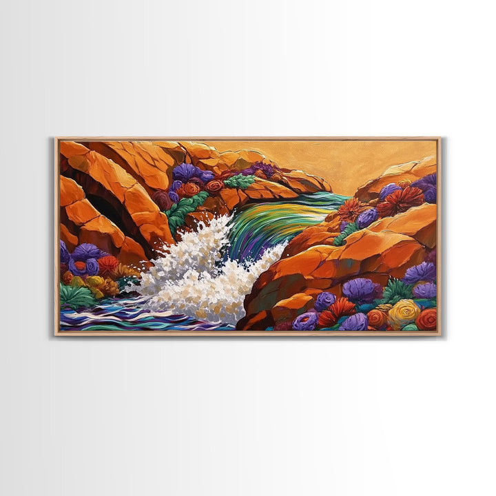 Waterfall Rocks, Flowers, Canvas Print, Colorful Nature Wall Art, Boho Earthy Decor, Vibrant Living Room Accent, Abstract Landscape Art