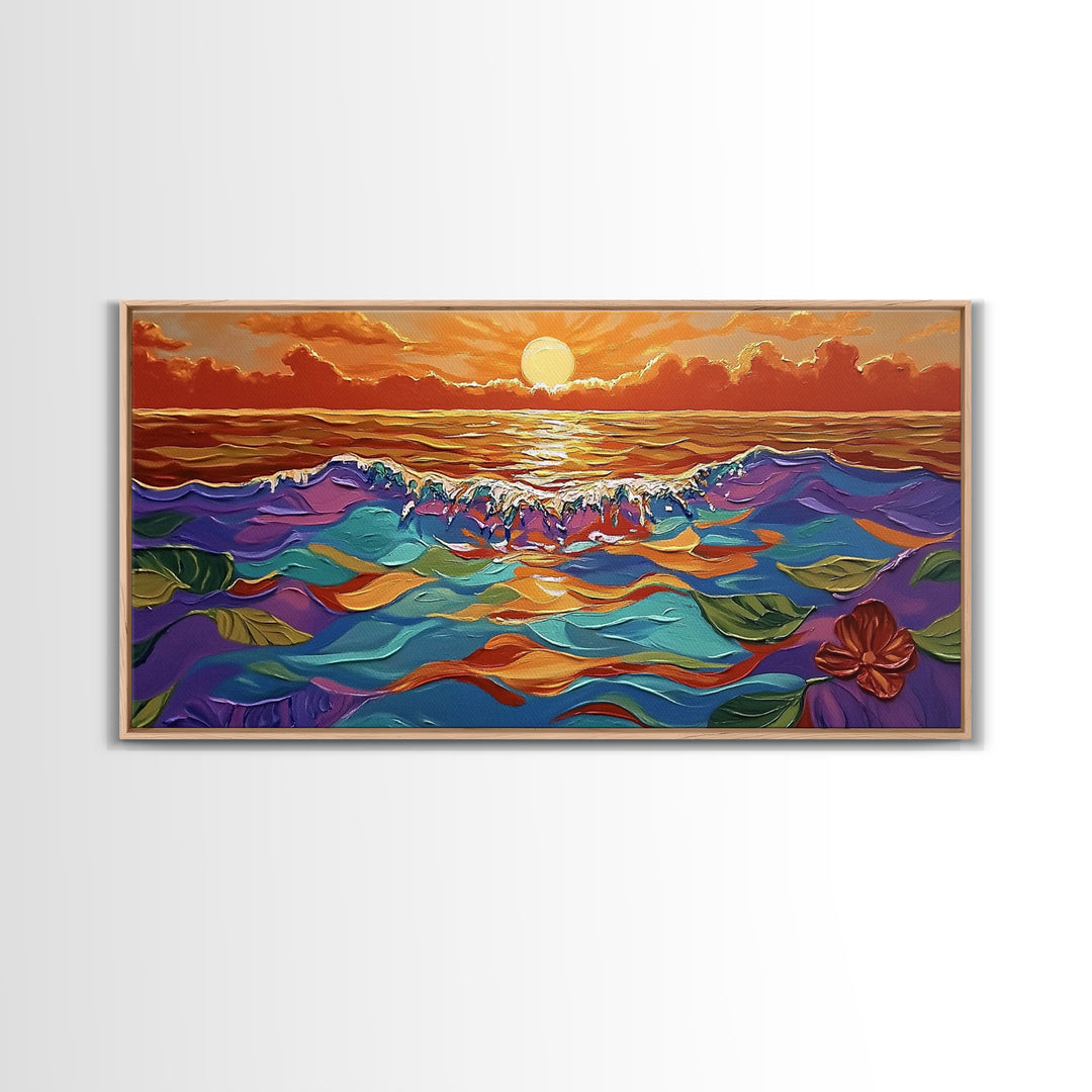 Ocean Sunset, Petals, Framed Canvas Print, Beachy Living Room Decor, Vibrant Seascape Art, Tropical Floral Painting, Boho Home Accent