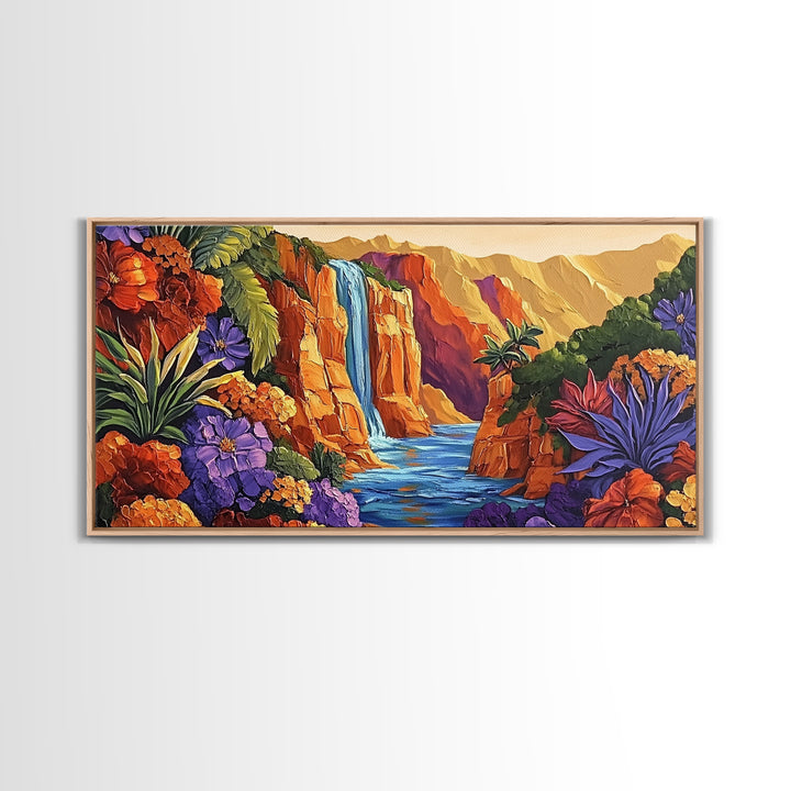 Canyon Waterfall, Desert Bloom, Sunset Rocks, Framed Canvas Print, Nature Landscape Wall Art, Boho Bedroom or Office Decor