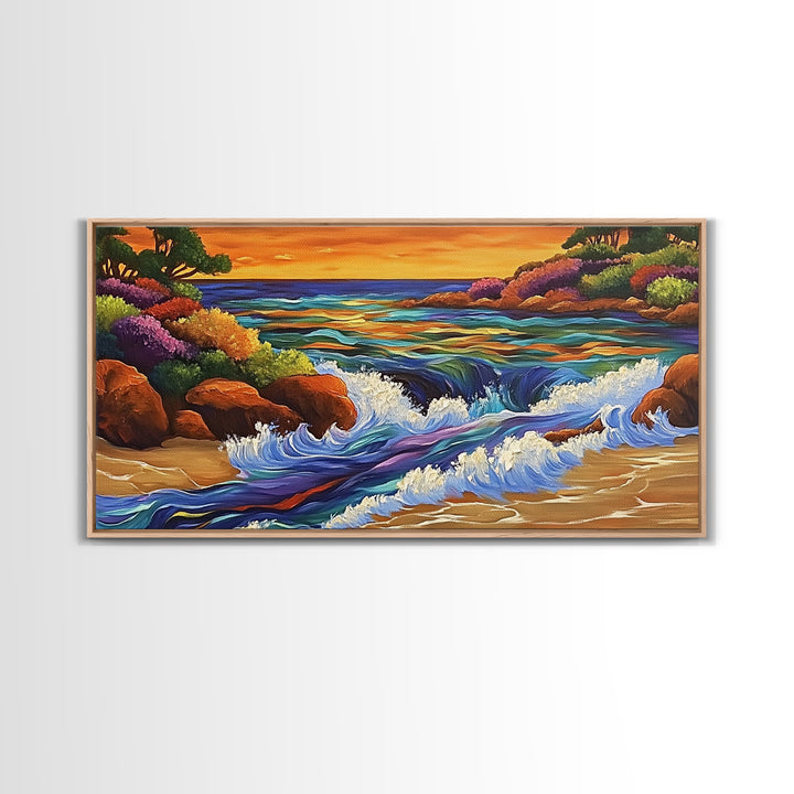 Coastal Stream, Sunset Shore, Nature Escape, Canvas Print, Tropical Landscape Wall Art, Vibrant Living Room or Office Decor