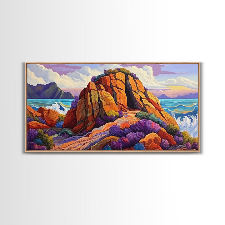 Ocean Cave, Rocky Coast, Lavender Brush, Framed Canvas Print, Bold Nature Wall Art, Vibrant Bedroom or Study Coastal Decor