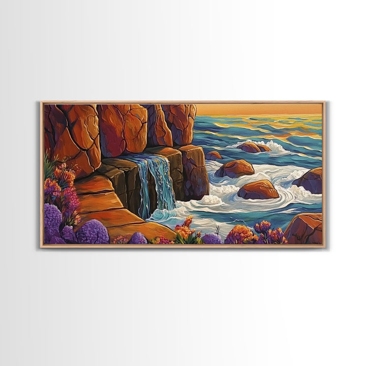 Cliffside Waterfall, Ocean Swirls, Sunset Tide, Framed Canvas Print, Nature Landscape Wall Art, Bold Boho Living Room Decor
