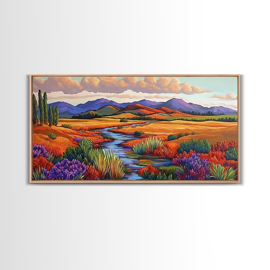 Autumn River, Golden Fields, Mountain View, Canvas Print, Fall Landscape Wall Art, Rustic Living Room Art, Seasonal Entryway Decor