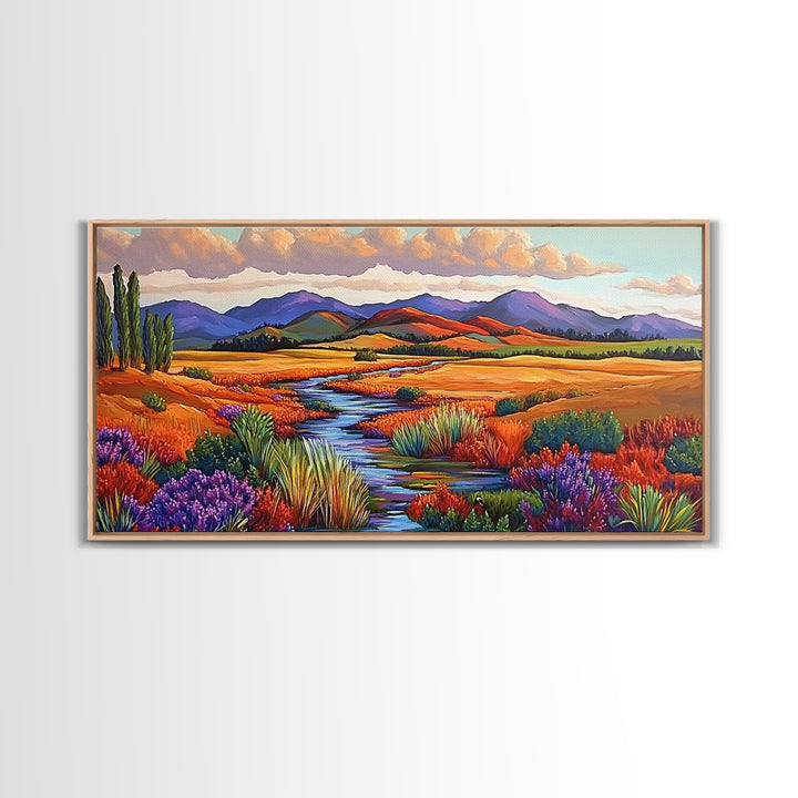 Autumn River, Golden Fields, Mountain View, Canvas Print, Fall Landscape Wall Art, Rustic Living Room Art, Seasonal Entryway Decor