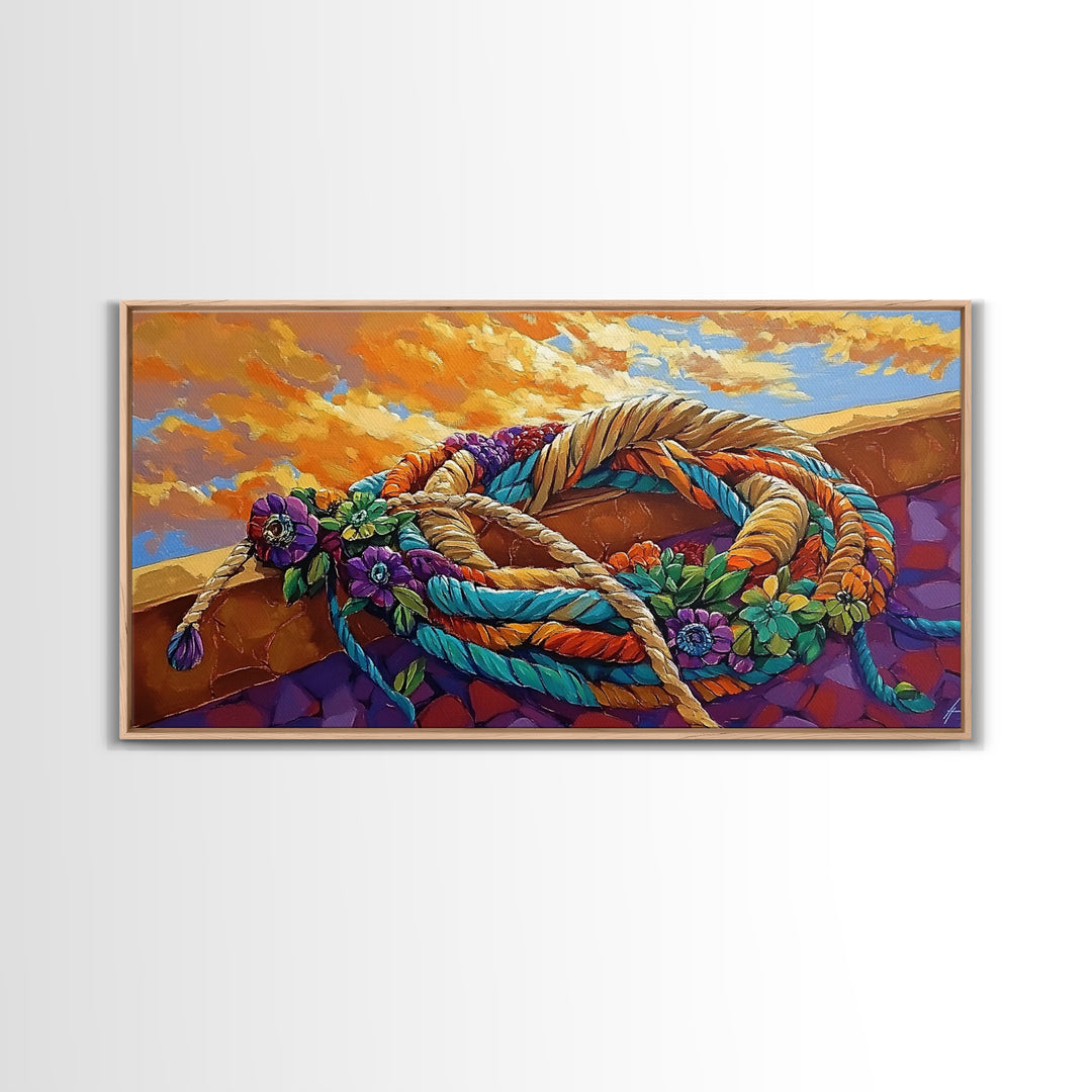 Desert Rope, Western Decor, Rustic Sunset, Framed Canvas Print, Southwestern Wall Art, Bold Kitchen or Ranch Style Office Decor