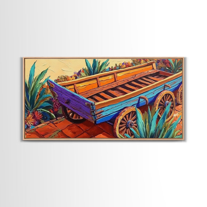Painted Wagon, Rustic Charm, Color Pop, Framed Canvas Print, Western Farmhouse Wall Art, Vibrant Kitchen Print, Entryway Decor