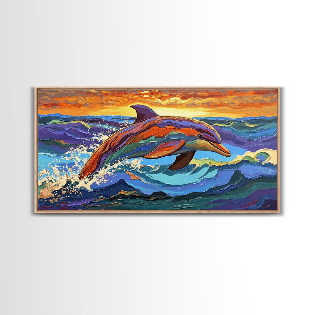 Dolphin Ocean, Sunset, Vibrant, Jumping Dolphin Canvas Print, Beach House Wall Art, Vibrant Ocean Scene, Kids Room Decor, Summer Art