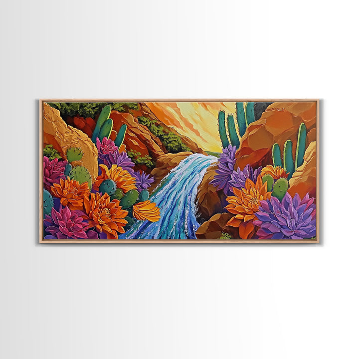 Cactus Canyon, Flowers, Waterfall, Framed Canvas Print Bright desert wall art, boho botanical painting, vibrant hallway home decor