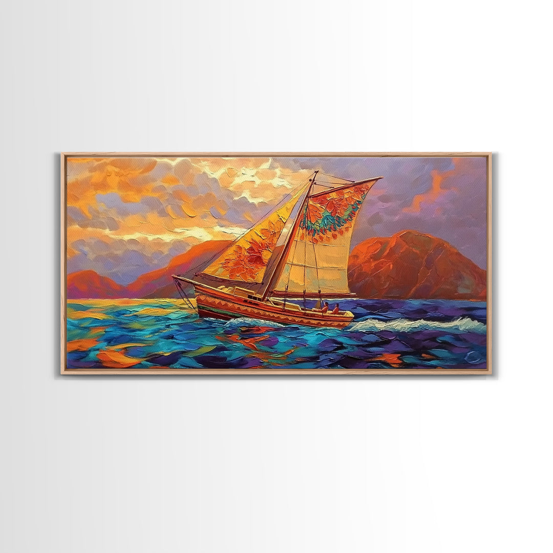 Sailboat Sunset, Ocean, Adventure, Framed Canvas Print Nautical coastal wall art, colorful seascape, bold living room decor