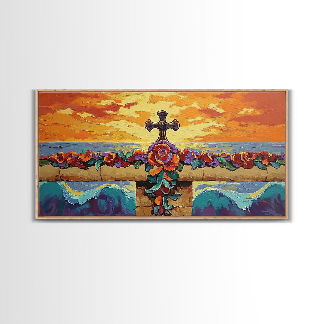 Cross Sunset, Flowers, Spiritual, Coastal Cross Sunset Framed Canvas Print, Christian Wall Art, Floral Beach Decor, Living Room Art