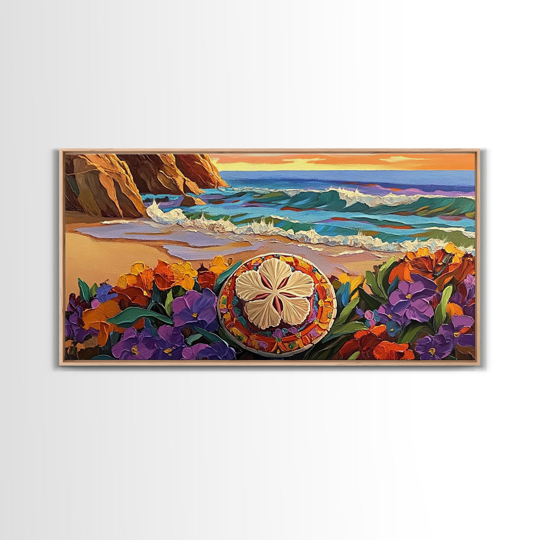 Ocean Beach, Flower, Sand Dollar, Coastal Beach Scene Framed Canvas Print, Bathroom Wall Art, Tropical Seaside Decor, Coastal Painting