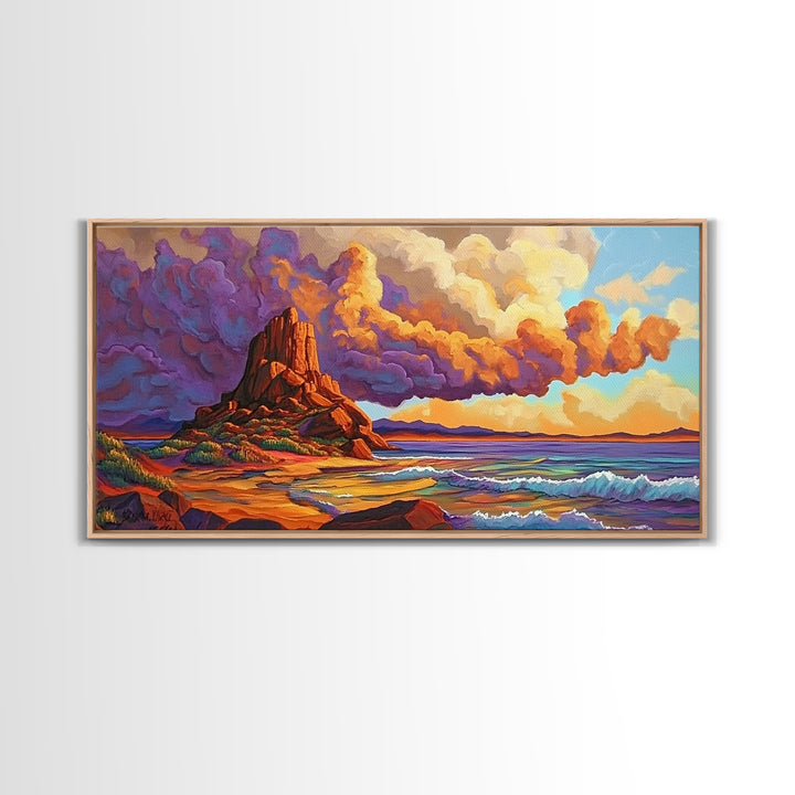 Sunset Clouds, Ocean, Cliffs, Framed Canvas Print, dramatic seascape art, Southwestern home decor, moody living room wall art
