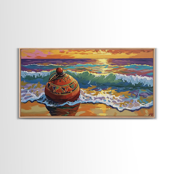 Buoy Shoreline, Sunset, Surf, Sunset Ocean Buoy Canvas Print, Coastal Wall Art, Nautical Theme Living Room, Bold Beach House Fall Decor