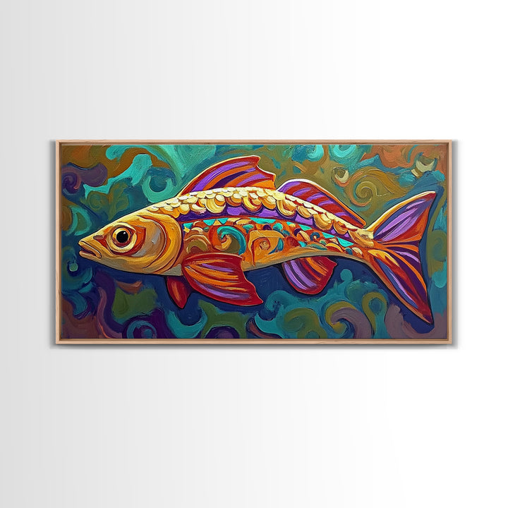 Colorful Fish, Wall, Art, Framed Canvas Print, Boho ocean wall decor, coastal bathroom wall art, whimsical undersea painting kitchen