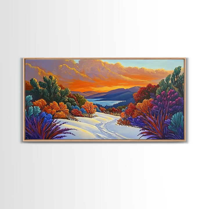 Winter Sunset, Lake, Trees, Framed Canvas Print, Autumn cabin wall art, colorful landscape living room decor, mountain snow painting