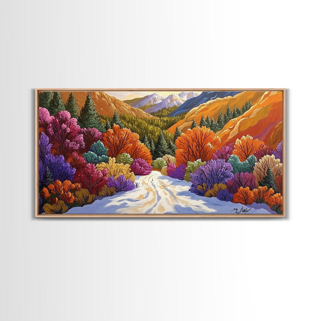 Autumn Forest, Snow, Trail, Canvas Print, Fall landscape painting, cabin wall decor, cozy mountain art, vibrant rustic hallway print